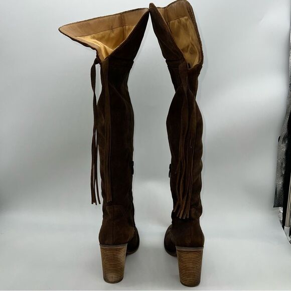Franco Sarto Elnora Brown Suede Over the Knee Block Heeled Boots w/Tassel - Picture 3 of 13